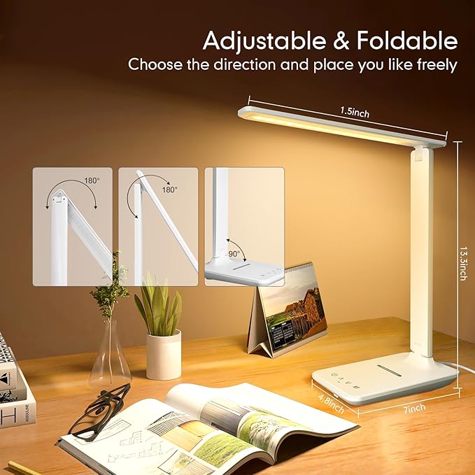 White crown LED Desk Lamp with 15W Wireless Charger &amp USB Port Dimmable Table Lamp with 5 Lighting Modes Sensitive Touch Control Foldable &amp Portable Desk Light for Home Office Bedroom Re