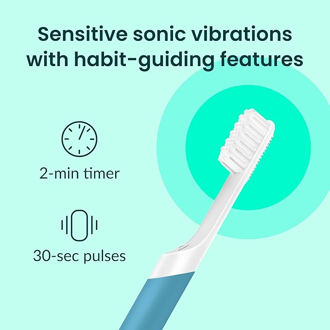 Quip Sonic Electric Toothbrush for Adults - Time Travel &amp Soft Bristles with Travel Case &amp Replacement Brush Head - 3 Month Battery Life Plastic Handle - Marine Blue