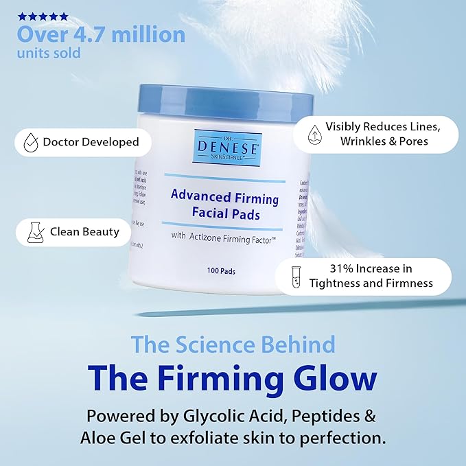 Dr. Denese SkinScience Advanced Firming Facial Pads 100 Count ? Professional Exfoliator with Glycolic Acid Peptides and Aloe for Smooth Radiant Skin Refined Pores ? Dermatologist Tested Cruelty Free