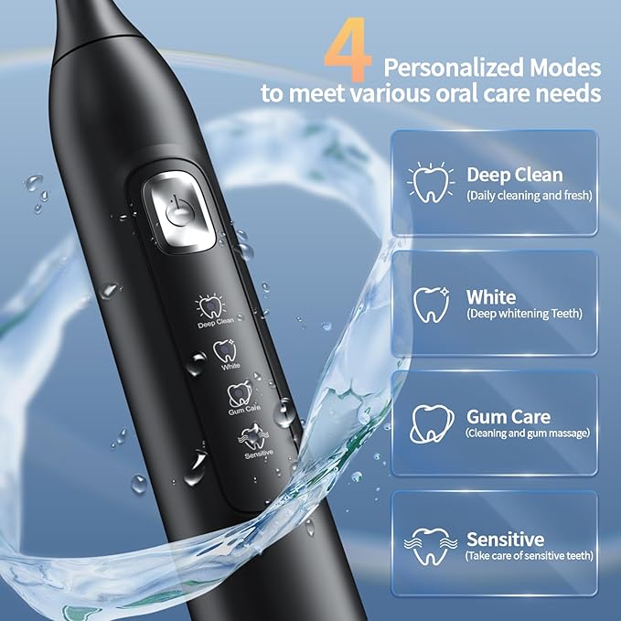 Sonic Electric Toothbrush for Adults: 42000 VPM Deep Clean for Sensitive Teeth Rechargeable Toothbrush with 6 Brush Heads 4 Modes &amp Smart Timer IPX7 Waterproof 120-Day Battery for Home/Travel