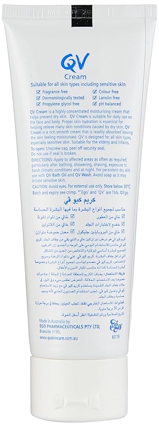 QV Cream with 10% Glycerin (100g) Rich Protective Moisturiser for Sensitive Dry Skin Fragrance Free Noncomedogenic Body Cream Hydrating Skin Care for Eczema Psoriasis Dermatitis Tube