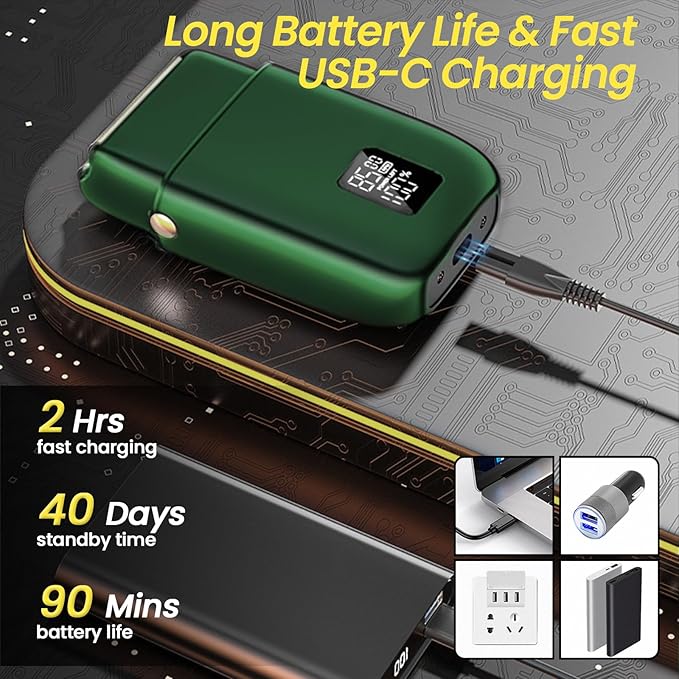 Electric Foil Shavers for Men 3 Speed Electric Razor for Men High Speed Dual Floating Blades IPX7 Waterproof Wet &amp Dry LED Display USB Type C Charging Foil Razor for Face/Beard/Head (Green)
