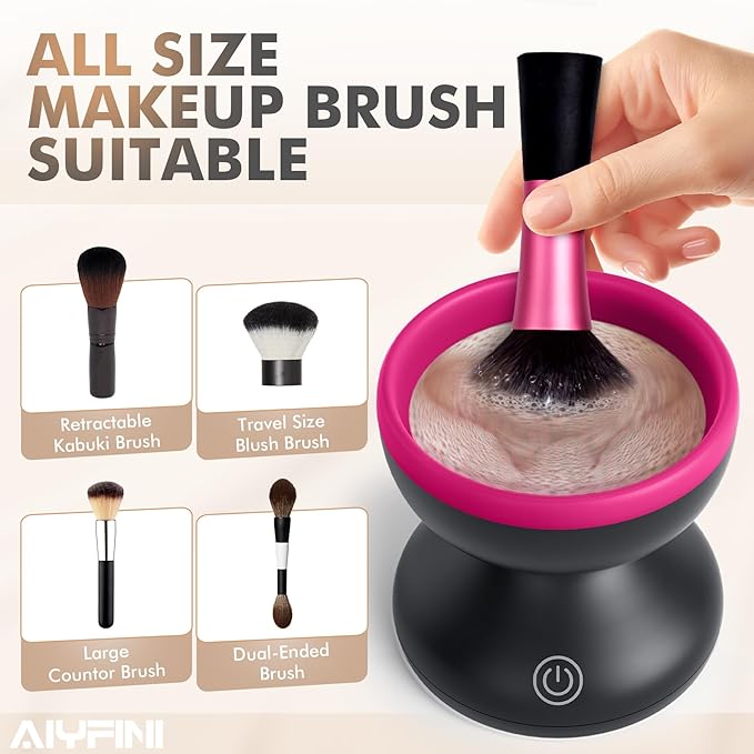 Alyfini Electric Makeup Brush Cleaner Machine Powerful Friction Removes Residue on Make up Brushes Set/Sponge/Powder Puffs Efficient Cleaning Portable Spinning Washer Save Cleanser &amp Shampoo