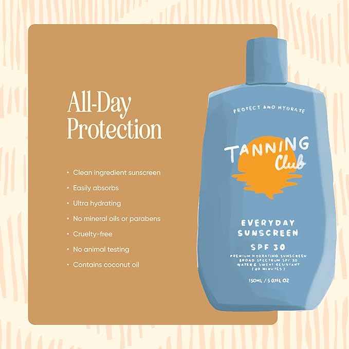 Tanning Club - Everyday Sunscreen - SPF 30 Lightweight Sunblock Lotion for Face and Body - Hyaluronic Acid Aloe and Coconut Oil - Water and Sweat Resistant (80 Minutes) - 150 ml
