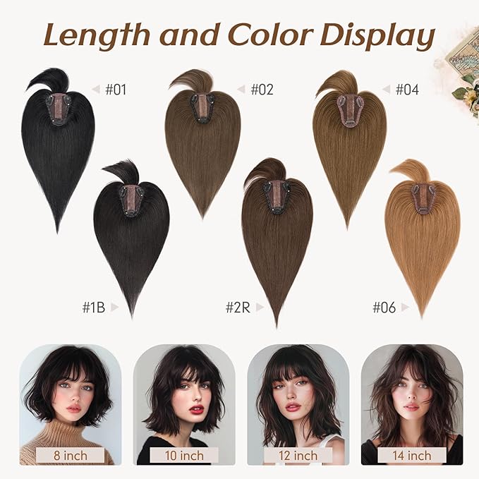 Rich Choices Real Human Hair Toppers for Women 3D Cover Clip in Bangs 100% Remy Human Clip in Silk Base Hair Topper with Bang for Thinning 150% Density 14 Inch #6 Light Brown