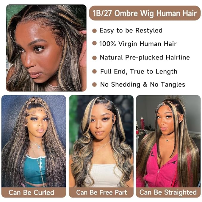Blomas 22Inch 1b/27 lace front wig human hair 13x4 200% Density Body Wave Balayage Wig Human Hair HD Transparent Lace Glueless Wig Highlight Colored Wig Pre Plucked HD Lace Frontal Wigs