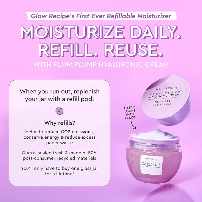 Glow Recipe Plum Plump Hyaluronic Acid Face Cream Refill - Hydrating Firming &amp Plumping Facial Moisturizer for Women &amp Men - Korean Skin Care with Polyglutamic Peptides for Dry Skin Wrinkles