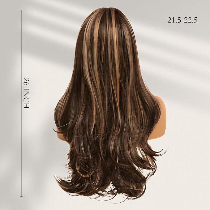 Haoland Brown Blonde Highlight Wigs for Women 26 Inch Long Curly Synthetic Wigs Middle Part Blonde Highlights Hair Wigs Loose Wavy wig Heat Resistant