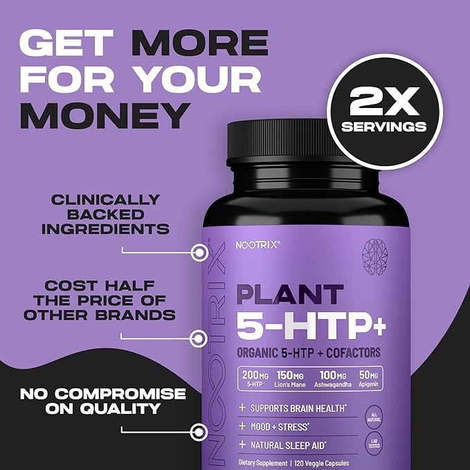 Nootrix Organic Plant 5 HTP+ Supplement | Supports Memory Mental Focus Cognitive Health &amp Energy | Promotes Healthy Mood &amp Brain Function | Vitamin B6 &amp L Theanine | 240 Capsules