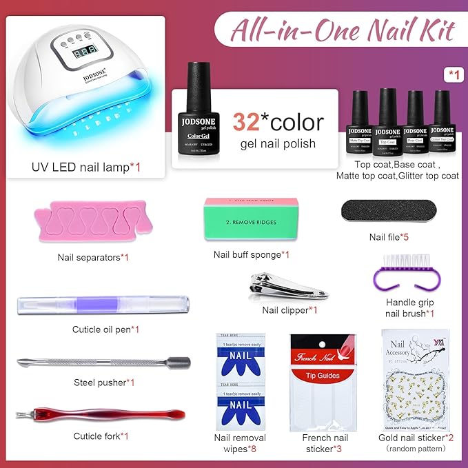 JODSONE Gel Nail Polish Kit with U V Light 32 Colors Gel Polish Set Soak Off Nail Kit Nail Art Salon or Home DIY Manicure Tools Gifts for Women