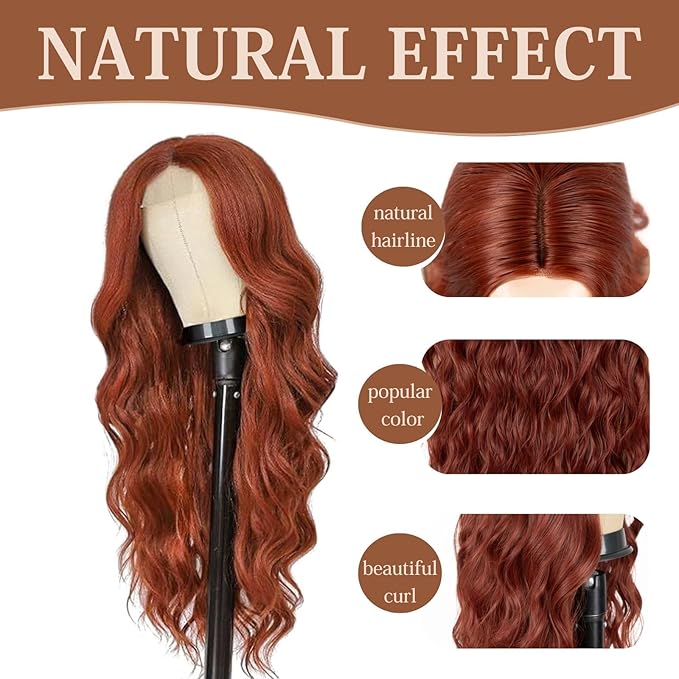 Auburn Wigs for Women 26 inch Lace Hairline Middle Part Long Curly Wig Heat Resistant Synthetic Hair Looking Natural Fiber Wig for Daily Party Use
