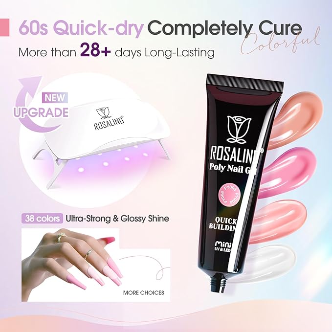 ROSALIND 38 Colors Poly Nail Gel Kit with Mini Nail Lamp Clear Neon Poly Nail Gel Starter Kit for Beginners Halloween All Seasons Classic Colors with Everything