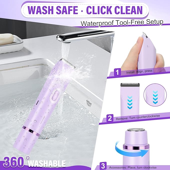 Women's Bikini Trimmer 2-in-1 Electric Shaver for Bikini Line Legs Underarms Face - Waterproof Women's Electric Shaver for Sensitive Skin USB Rechargeable(Purple)