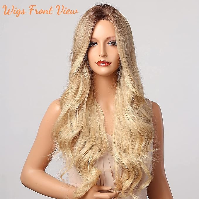 Honygebia Blonde Middle Part Wig - Long Wavy Ombre Blond Wigs with Dark Roots for Women Curly Synthetic Heat Resistant Hair Natural Looking Cute Wigs for Halloween/Christmas/Cosplay/Party