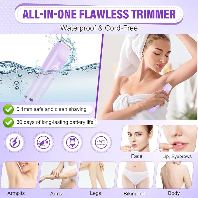 Women's Bikini Trimmer 2-in-1 Electric Shaver for Bikini Line Legs Underarms Face - Waterproof Women's Electric Shaver for Sensitive Skin USB Rechargeable(Purple)