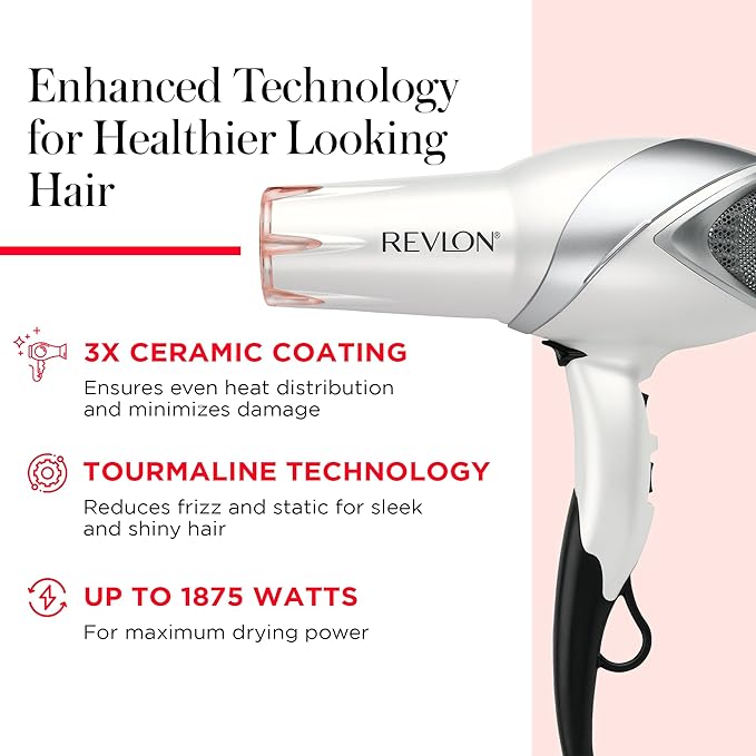 REVLON Infrared Hair Dryer with Diffuser &amp Concentrator - Ionic Ceramic Blow Dryer for Frizz Control Shine Soft Hair &amp Moisture Protection - 1875W Professional Salon-Quality (White)