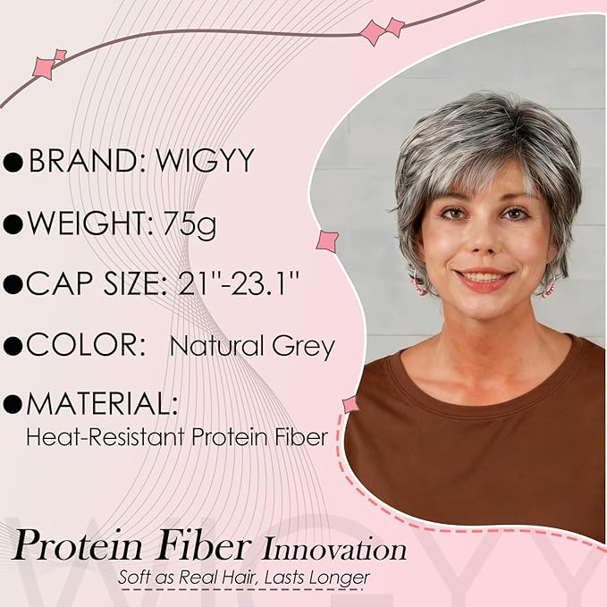 WIGYY Light Gray Pixie Cut Wig for White Women ? Short Curly Synthetic Wig with Bangs Heat-Resistant Glueless Cap Lightweight Natural Looking Wig for Older Women Daily Wear