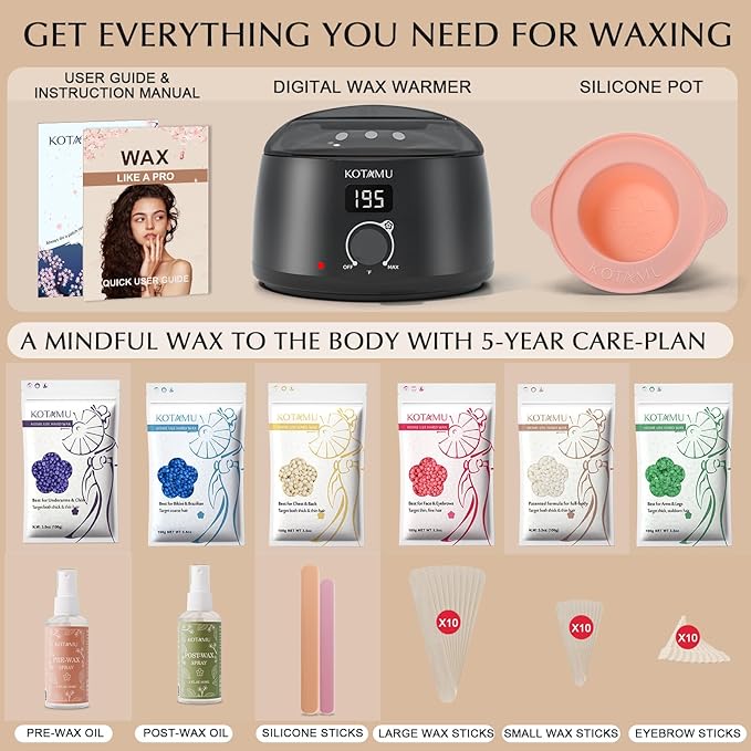 KOTAMU Waxing Kit-Professional Wax Warmer for Women&amp Men Hair RemovalBlack Waxing Machine With Silicone Pot Sensitive Skin Friendly Body Wax Kit Ideal for Face Bikin Brazilian Leg Home Salon