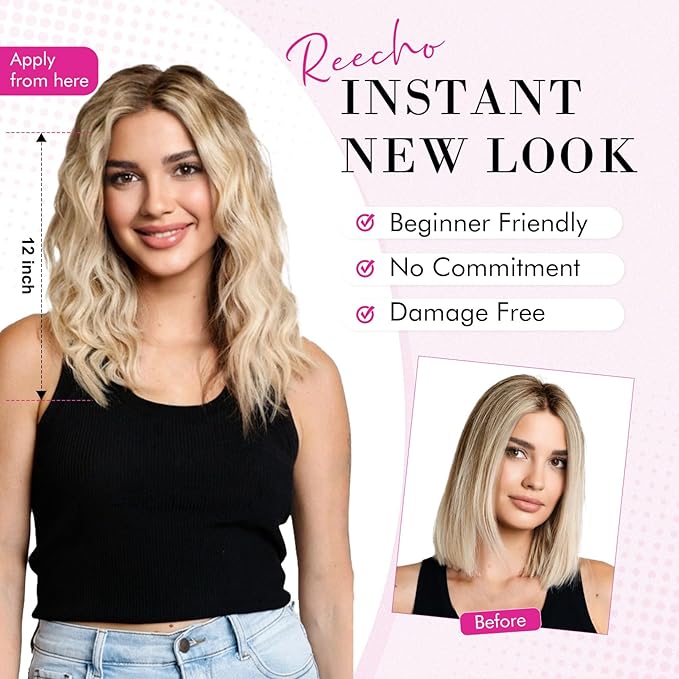 REECHO Clip in Hair Extensions 4PCS Hair Extensions 12 Short Curly Wavy Blonde hair extensions Invisible Lace Weft Natural Soft Hairpieces for Women ? Golden Blonde with Highlights