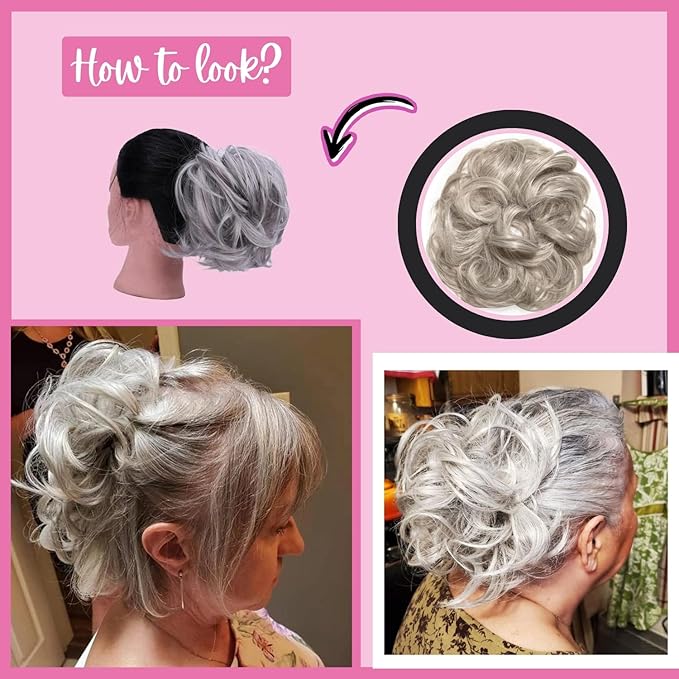 Juvabun Hair Extensions Silver Gray ? Soft Curly Hair Extensions Clip-In for Natural Volume &amp Quick Updo Styling Hair Bun Maker