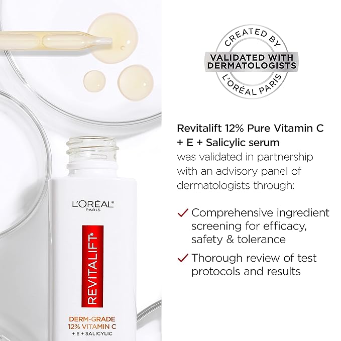 L'Oreal Paris Revitalift 12% Pure Vitamin C Serum Brightening Serum For Face with Vitamin E Salicylic Acid 1 oz + Moisturizer Sample