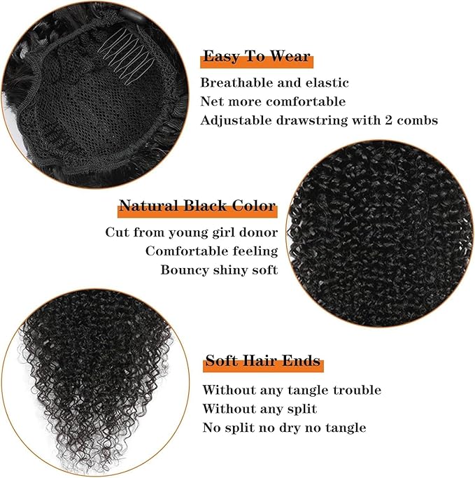 Datanala Brazilian Remy Kinky Curly Ponytail Extensions 22Inch Human Hair Drawstring Ponytail Extension Ponytail Clip in Hair Extensions Nature Black Color for Black Women