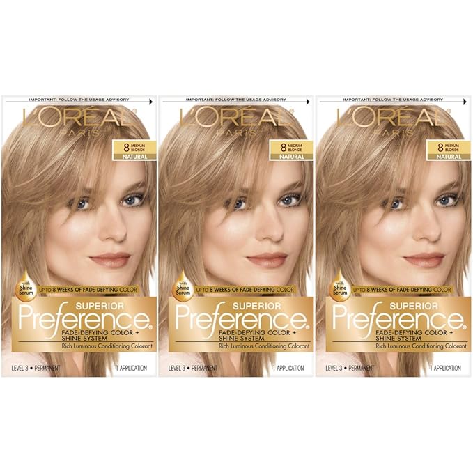 L'Oreal Paris Superior Preference Fade-Defying + Shine Permanent Hair Color 8 Medium Blonde Pack of 3 Hair Dye