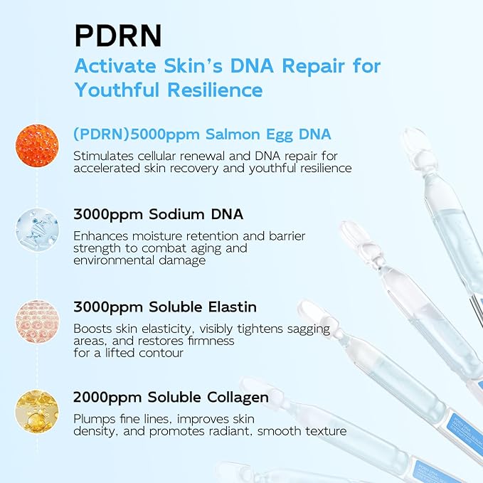 Salmon DNA PDRN Anti-Aging Serum 5000ppm Salmon Egg DNA Ampoule 2000ppm Collagen Glutathione Niacinamide &amp 6 Hyaluronic Acids Korean Skincare for Wrinkles &amp Radiance0.05 fl.oz x 30e