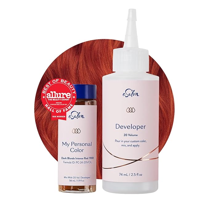 eSalon Permanent Hair Color &amp Hair Dye Complete Kit - Personal Colorist Kit for Up To 100% Gray Coverage for All Hair Types - Professional-Grade Ammonia-Free Hair Dye (Dark Blonde Intense Red 7RR)