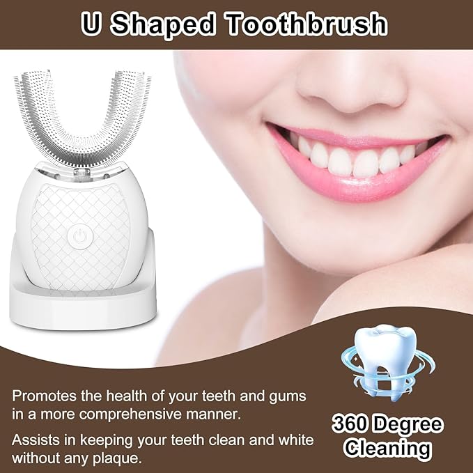 Electric Toothbrush for Adults U Shaped Automatic Toothbrush for 360-degree Cleaning 3 Modes for Whitening Wireless Charging Kit for Travel or Home(White)