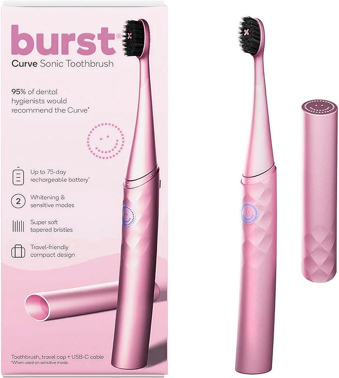 Burst Curve Sonic Electric Toothbrush for Adults (Blush Pink) | Slim Travel Brush with Cover | Ultra Soft Bristles | Up to 2 Month Rechargeable Battery | Two Modes &amp Timer