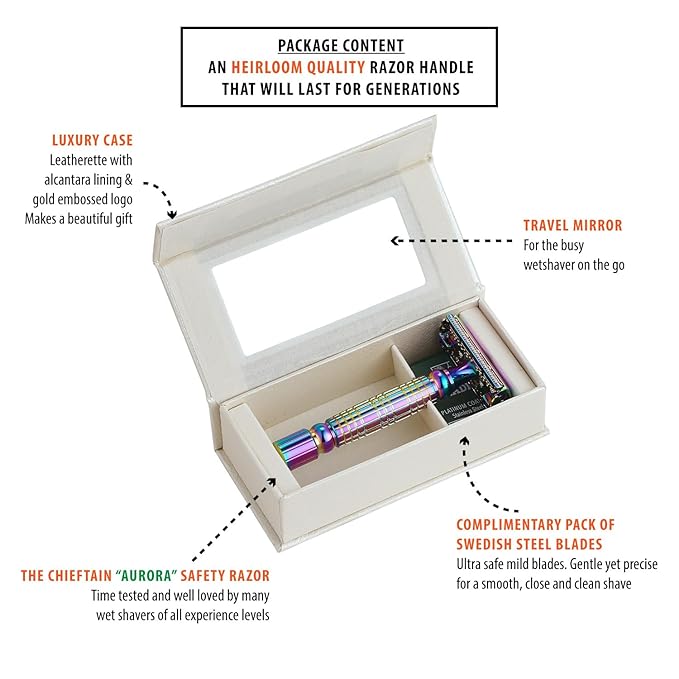 VIKINGS BLADE Double Edge Safety Razor + 5 Swedish Steel Blades + Luxury Case. Smooth Reusable Recyclable (Chieftain Aurora)