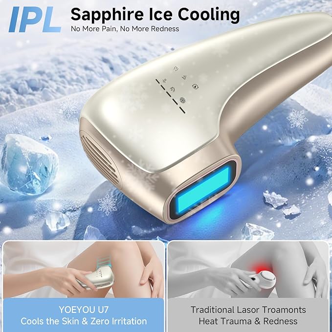 Painless IPL Laser Hair Removal for Women &amp Men 39°F Sapphire Ice Cooling Technology At-Home Laser Hair Removal Device for Face Armpits Legs Bikini &amp Whole Body Long-Lasting Results
