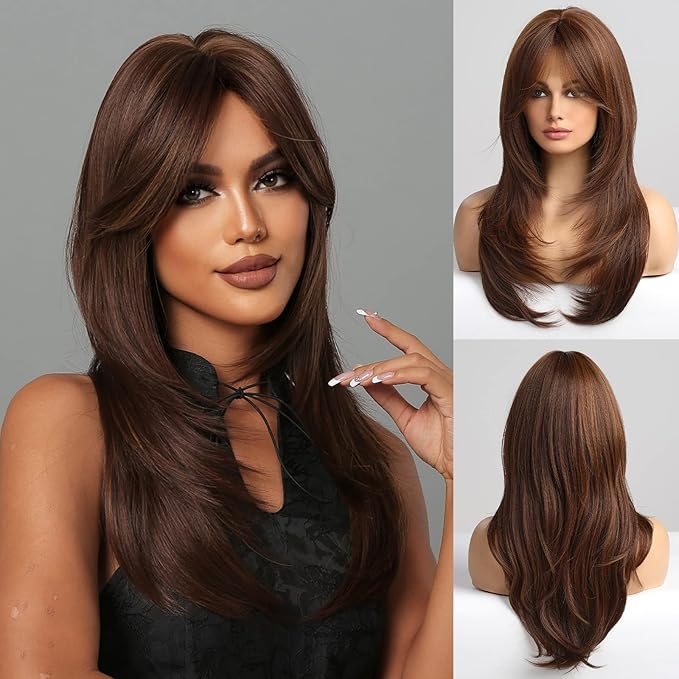 Heat Resistant Wigs Human Hair Mixed Synthetic Long Layered Black Blonde Highlights with Bangs for Women Party Cosplay