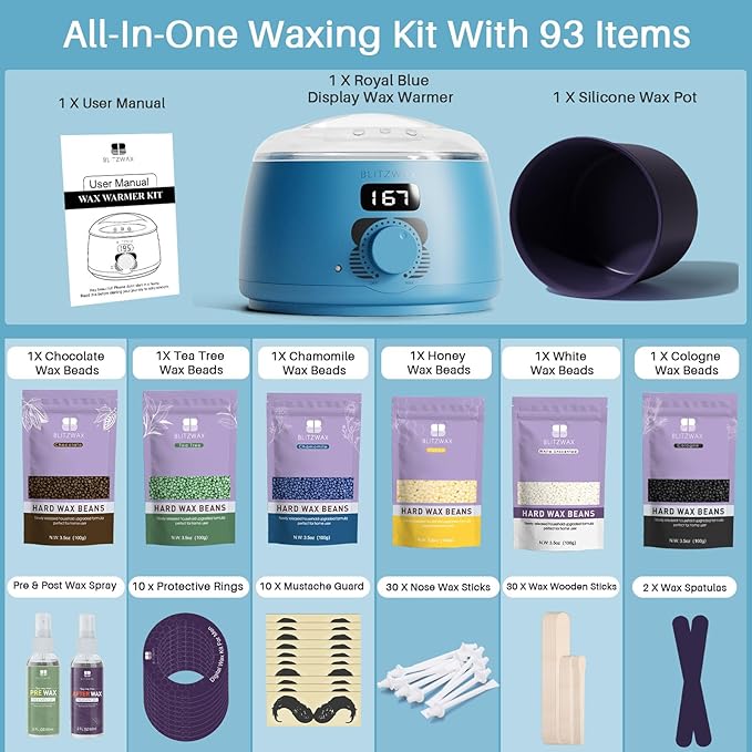 BLITZWAX Back and Nose Waxing Kit for Men Hard Wax Warmer for Brazilian Body and Face At Home Hair Removal Kit Beginner Friendly Quick Heating 93 Accessories Royal Blue
