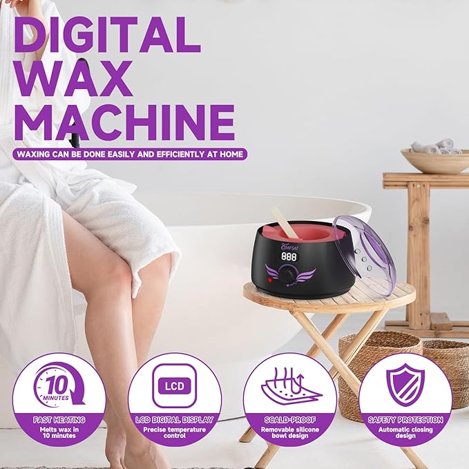 Waxing kit for women Digital Hard Wax Warmer with 4 Packs of Natural Wax Beans (14.1oz) Silicone Bowl and Waxing Accessories Professional for Bikini Face Brazilian Body and Home Salon - Black