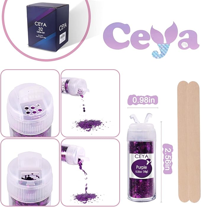Ceya Chunky Glitter Set 32 Colors 11.28 oz/ 320g Craft Glitter Powder Mixed Chunky Fine Sparkle Flakes Each 15ml Iridescent Nail Sequins for Epoxy Resin Nail Art Tumbler Slime Festival Decor