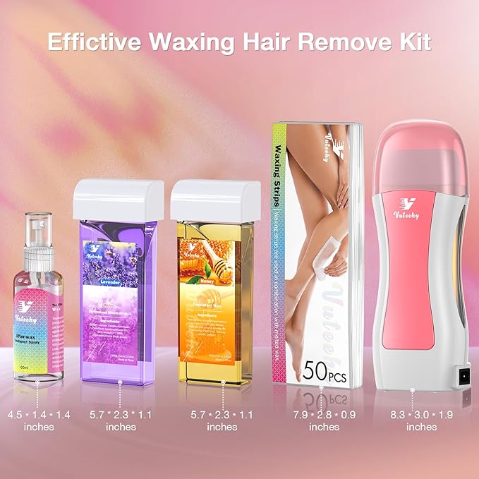 Roll on Waxing Kit Roll on Wax Kit for Hair Removal Waxing Kit at Home Wax Roller Kit for All Skin Types Body Sensitive Skin Unisex with 2 Soft Cartridges &amp 50 Pcs Strips
