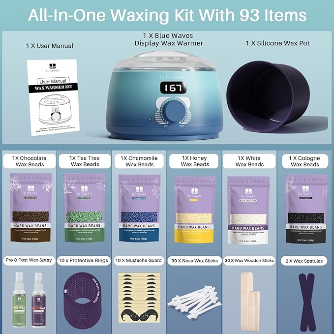 BLITZWAX Back and Nose Waxing Kit for Men Hard Wax Warmer for Brazilian Body and Face At Home Hair Removal Kit Beginner Friendly Quick Heating 93 Accessories Blue Waves