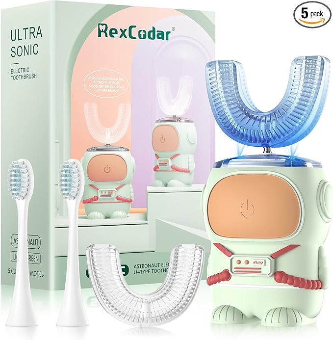 Ultrasonic Kid's U-Shaped Electric Toothbrush IPX7 Waterproof Five Cleaning Modes 60S Smart Reminder (Cartoon Astronaut Green Ages 2-6)