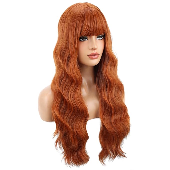 BERON Ginger Wigs Curly Wavy Women Wigs with Bangs Dark Orange Color Heat Resistant Synthetic Wig for Costume Cosplay or Daily Wigs Wig Cap Included