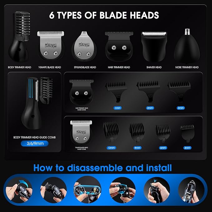 DSP Men's Grooming Kit Beard Trimmer for Men Nose Trimmer Body Trimmer Foil Shaver T-Blade Mustache Cordless Hair Trimmer IPX6 Waterproof2 Speeds Adjustable Gift for Men (Blue)