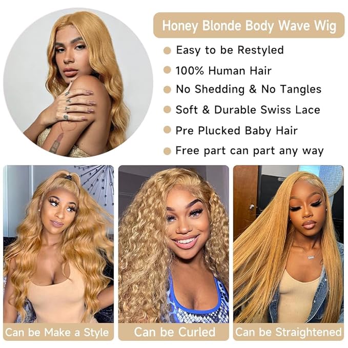 180% Density 13x6 Ash Blonde Lace Frontal Wig Human Hair Honey Blonde Body Wave Lace Frontal Wigs Human Hair 27# Colored Lace Front Wigs For Women Pre Plucked (22inch)