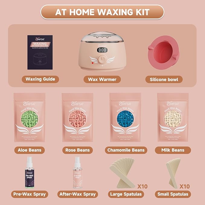 waxing kit for women Digital Hard Wax Warmer with 4 Packs of Natural Wax Beans (14.1oz) Silicone Bowl and Waxing Accessories Professional for Bikini Face Brazilian Body and Home Salon - Pink