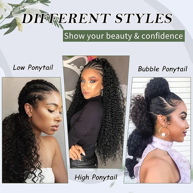 27 Inch Drawstring Ponytail Extension for Black Women Deep Curly Ponytail Extension Synthetic Mixed with Human Hair Hairpieces Afro Kinky Curly Pony Tail for Daily Use (Purple Mixed Red)