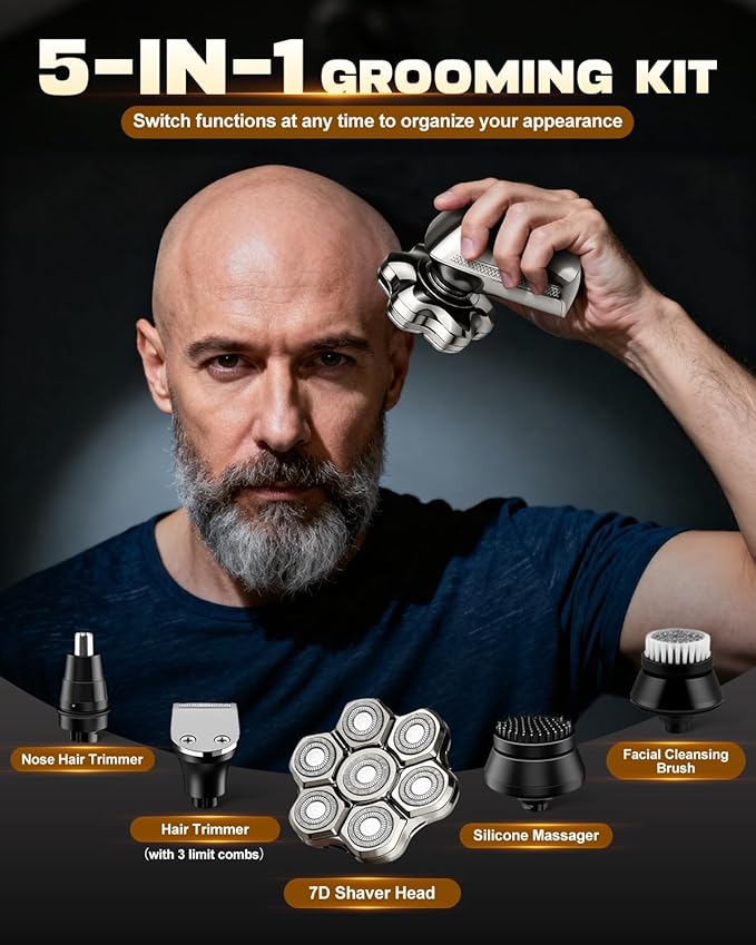 Head Shavers for Bald Men 7D Upgraded Detachable Head Shaver - IPX7 Waterproof Wet Dry 5-in-1 Grooming Kit Electric Razor Ideal Gift for Men