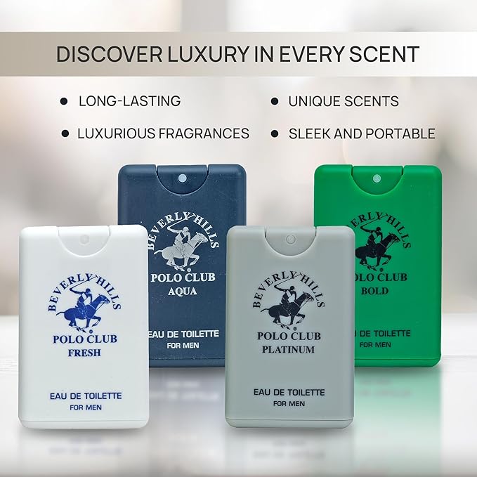 Beverly Hills Polo Club MENS 4PC 20ML POCKET SPRAY - GREEN - CONTAINS FRESH/PLATINUM/BOLD/AQUA