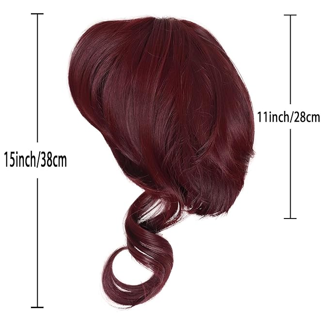 GNIMEGIL Short Wine Red Wigs for Women with 27 inch Long Ponytail in Deep Burgundy Wig with Bangs Trendy Hair Accessory Megara Wigs with Hair Extensions Ponytail Halloween Costume Dark Cherry Red Wig