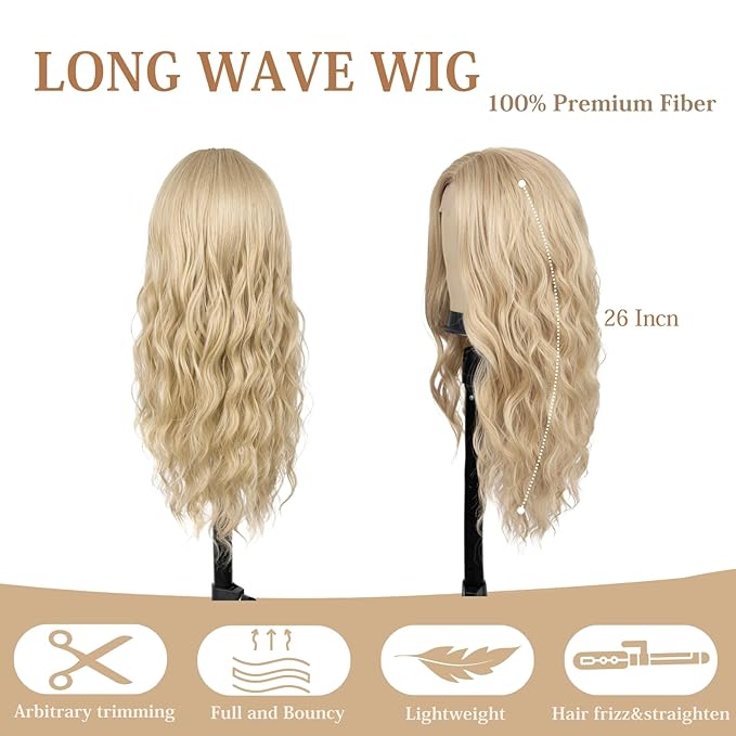 Haoland 613 Blonde Wigs for Women Lace Hairline Long Blonde Wigs Middle Part Long Curly Wig Heat Resistant Synthetic Hair Looking Natural Fiber Wig for Daily Party Use