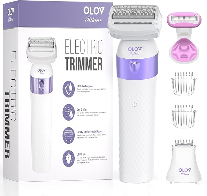 Bikini Trimmer for Women IPX7 Waterproof Wet &amp Dry Electric Razors for Women Bikini Legs Underarm Pubic Hairs Rechargeable Electric Shaver with 2 Trimmer Heads and Travel Razors